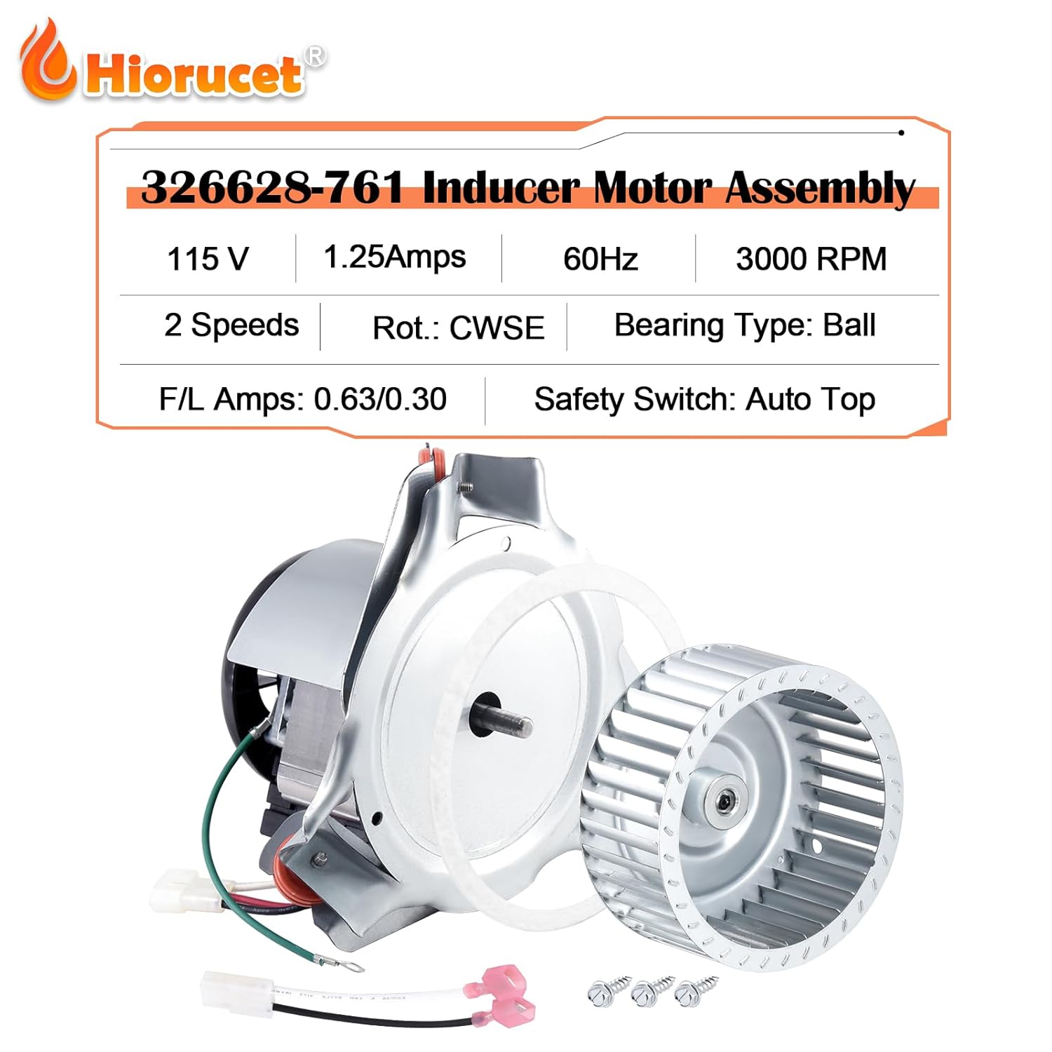Hiorucet 326628-761 Inducer Motor Kits, Furnace Draft Inducer Motor Assembly Parts for Carrier Bryant Payne 326628-761 326628-711 3266828-701, Packard 66761 with Blower Wheel, Mounting Bracket, Gasket
